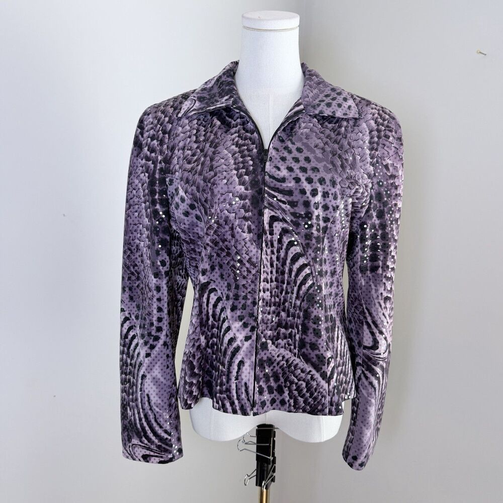 Vintage Y2K Mesmerize KamiKam Jacket M Purple Animal Print Sequin Zip Up Sparkle - Picture 2 of 13